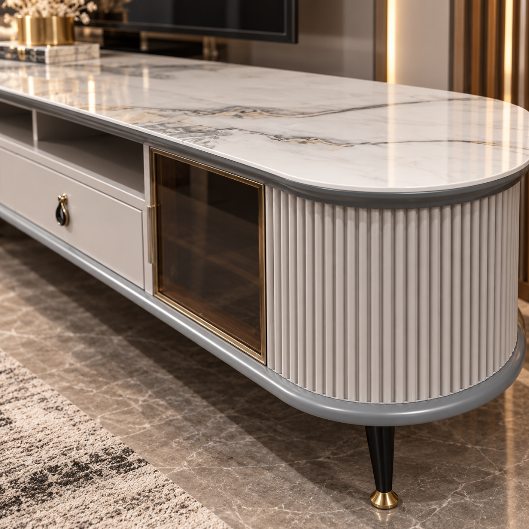 Wooden Twist Ivorra Fluted Faux Marble TV Unit Ivory – close-up of rounded faux marble top and fluted side