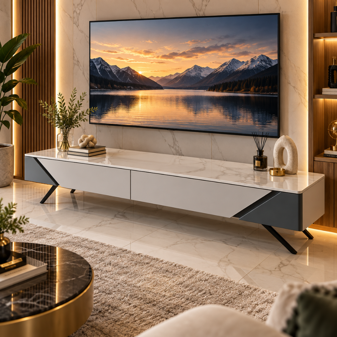 Wooden Twist Angolo Angular Faux Marble TV Unit White & Charcoal – in a living room with angled black metal legs