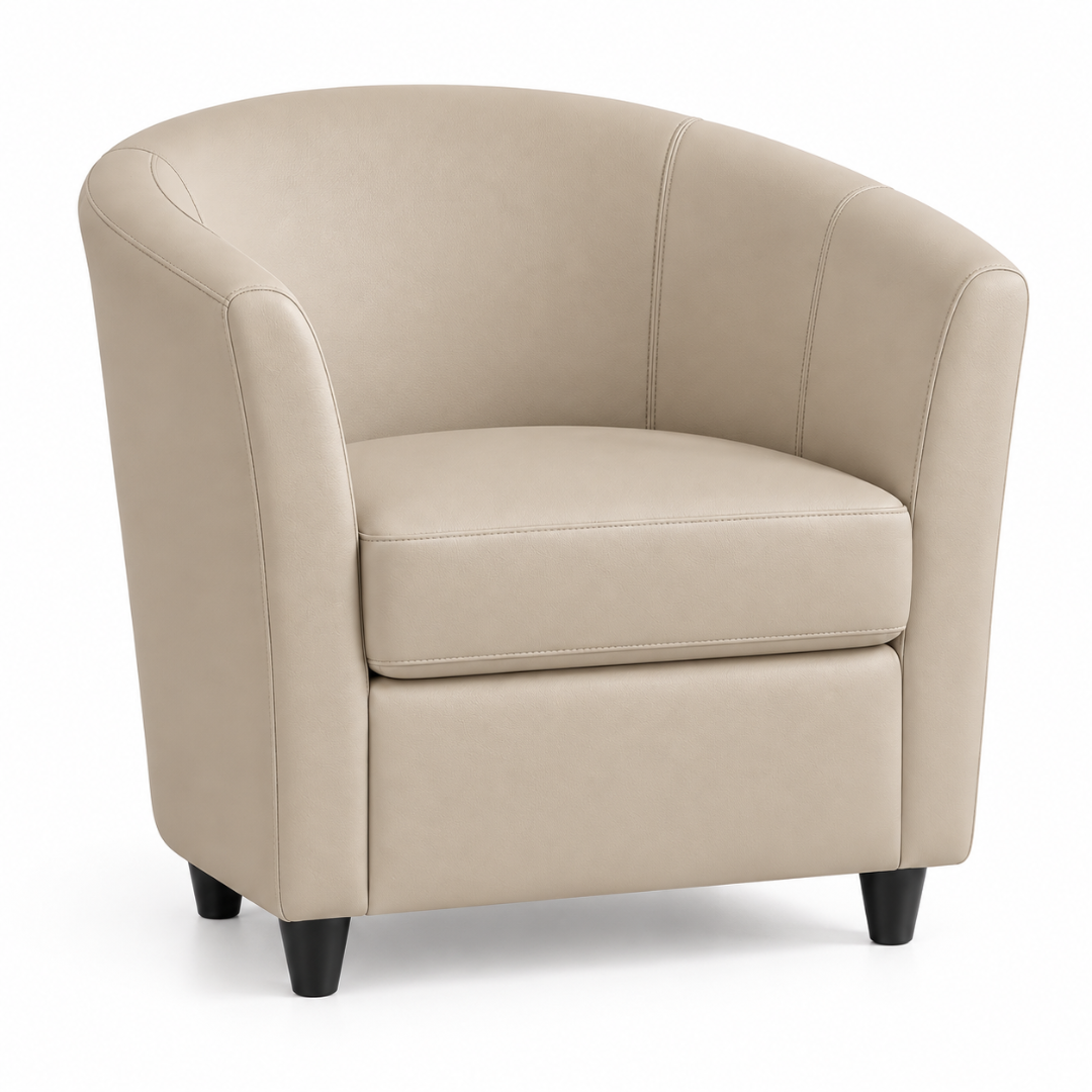 Wooden Twist Belmonte PU Leather Tub Accent Chair Beige – front studio view of curved barrel back and padded seat