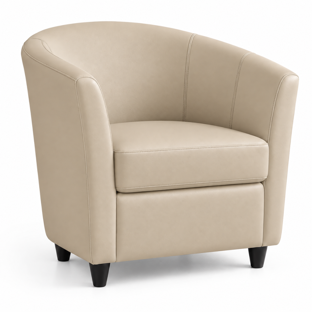 Wooden Twist Belmonte PU Leather Tub Accent Chair Beige – angled studio view with dark wooden legs