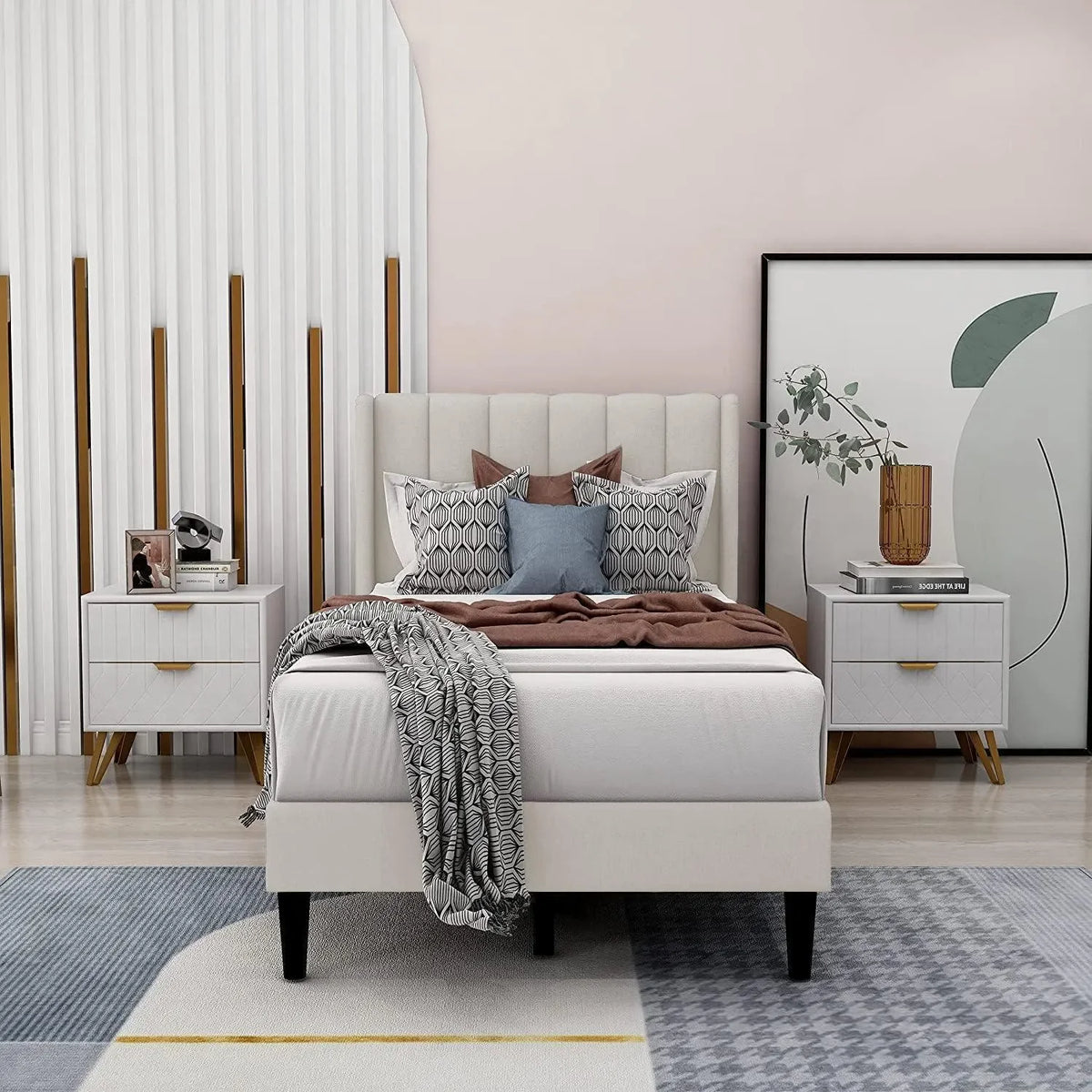 Rectangular Velvet Bed With Soft Wingback Headboard