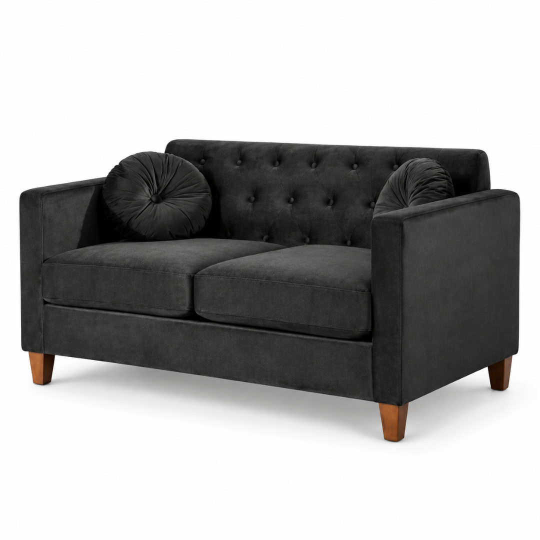 Wooden Twist Velvet Square Arm Loveseat 2 Seater Sofa Black – Angle View Left