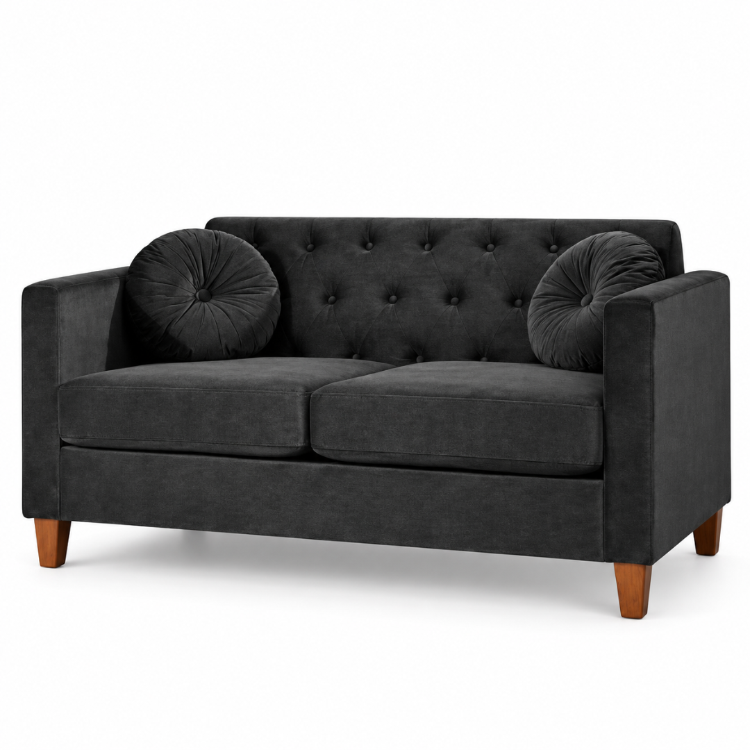 Wooden Twist Velvet Square Arm Loveseat 2 Seater Sofa Black – Angle View Right