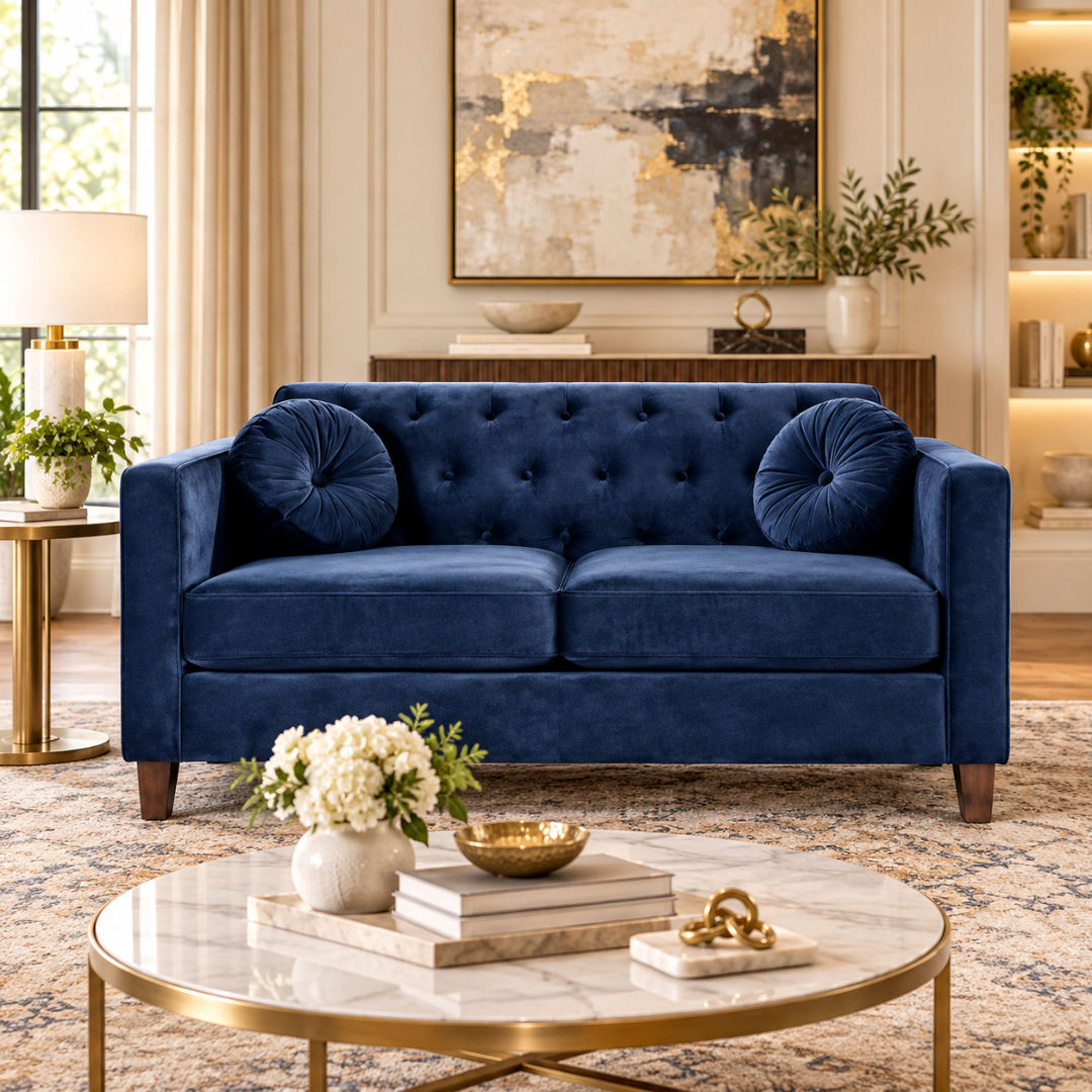 Wooden Twist Velvet Square Arm Loveseat 2 Seater Sofa Blue – Living Room Setting