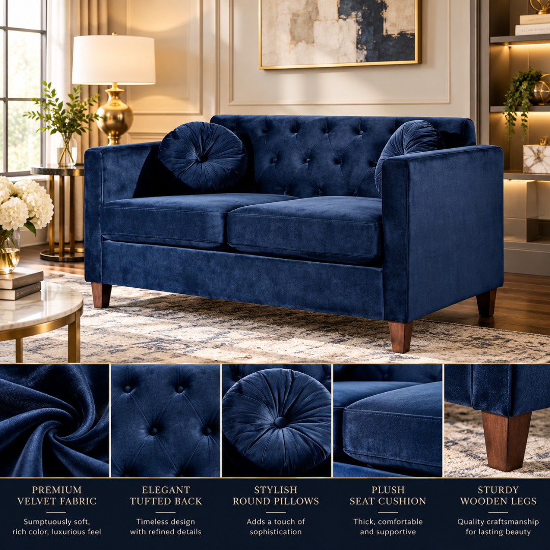 Wooden Twist Velvet Square Arm Loveseat 2 Seater Sofa Blue – Features with Velvet and Tufting Details