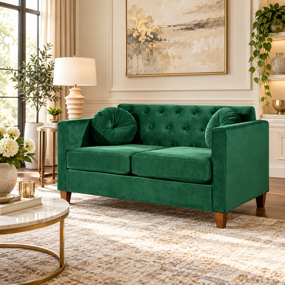 Wooden Twist Velvet Square Arm Loveseat 2 Seater Sofa Green – Living Room Setting