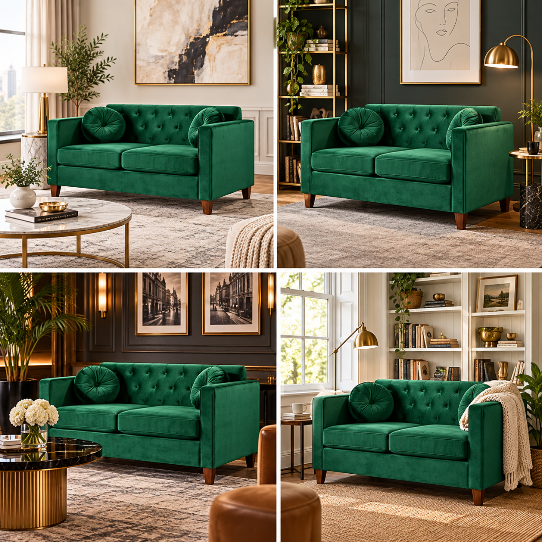 Wooden Twist Velvet Square Arm Loveseat 2 Seater Sofa Green – Room Setting Collage