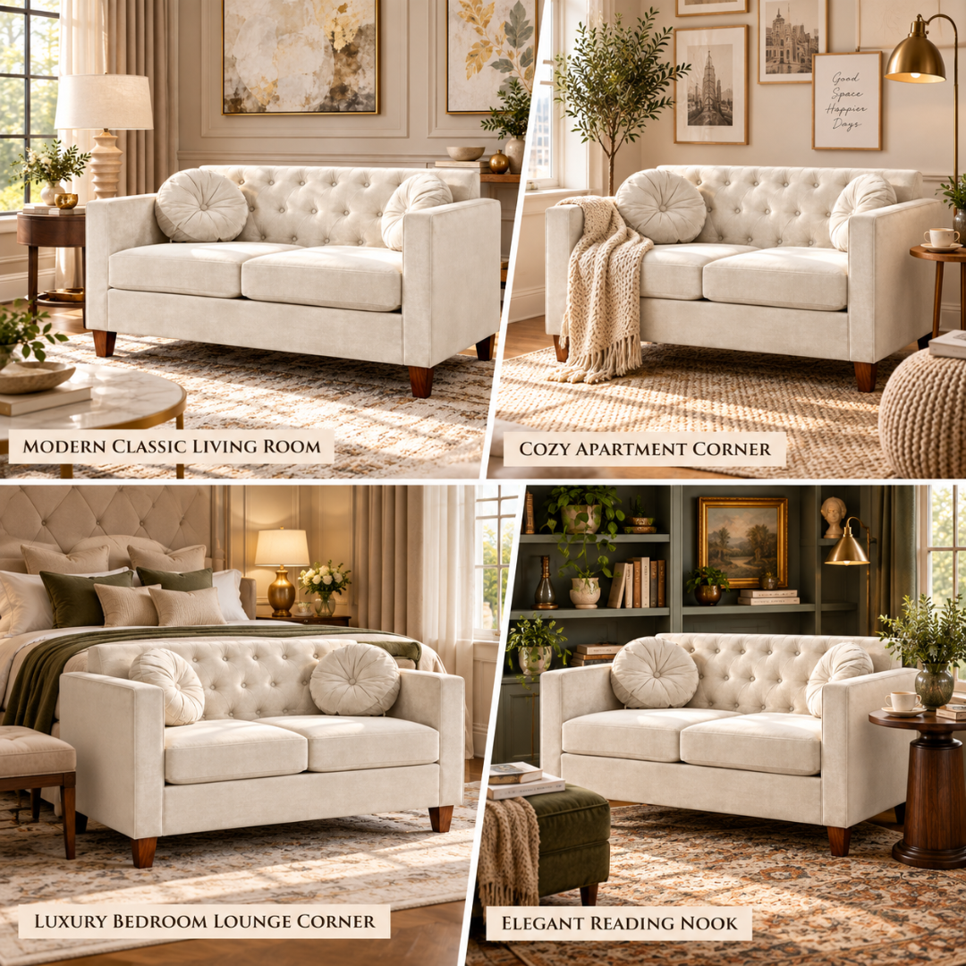Wooden Twist Velvet Square Arm Loveseat 2 Seater Sofa Cream – Room Setting Collage