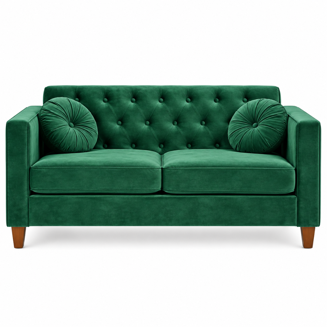 Wooden Twist Velvet Square Arm Loveseat 2 Seater Sofa Green – Angle View
