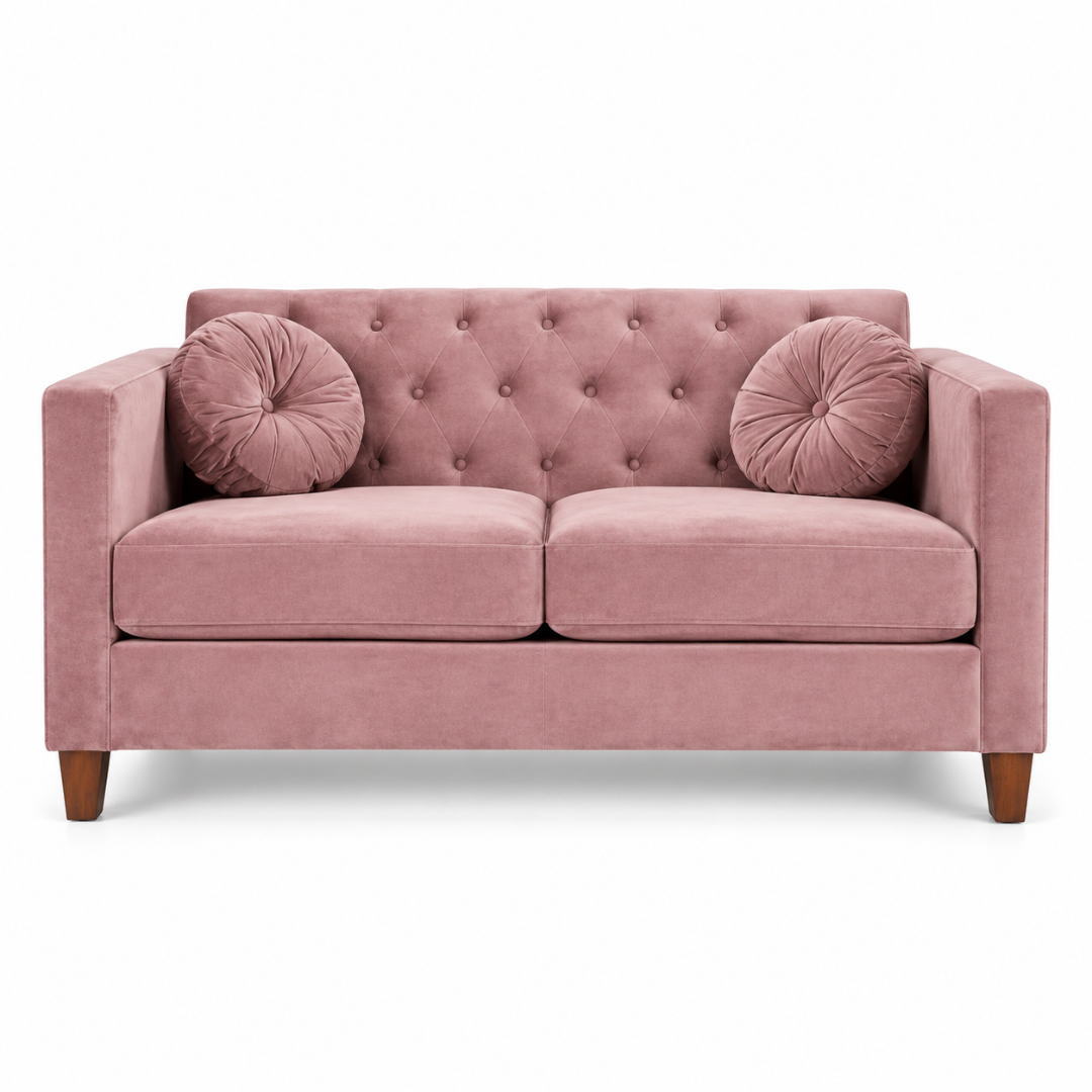 Wooden Twist Velvet Square Arm Loveseat 2 Seater Sofa Pink – Front View