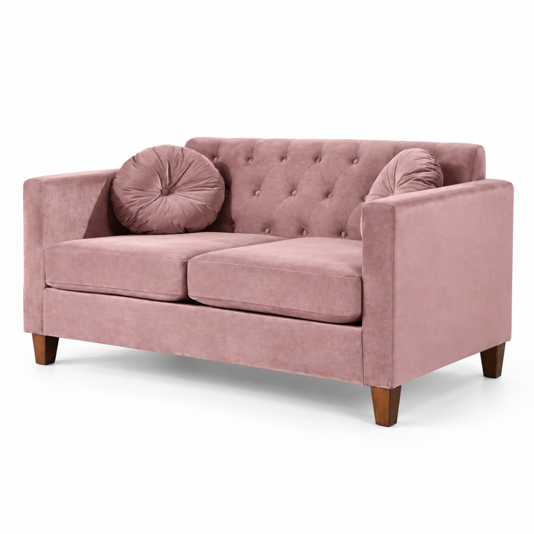 Wooden Twist Velvet Square Arm Loveseat 2 Seater Sofa Pink – Angle View