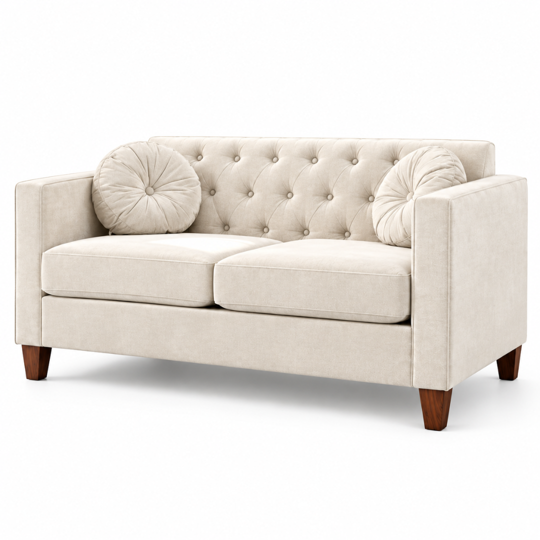 Wooden Twist Velvet Square Arm Loveseat 2 Seater Sofa Cream – Angle View Left