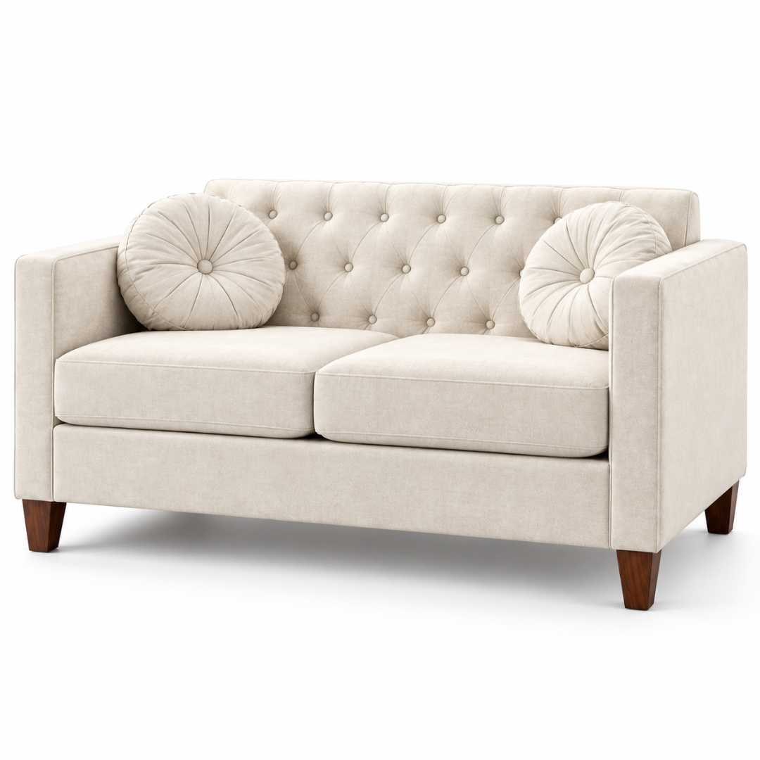Wooden Twist Velvet Square Arm Loveseat 2 Seater Sofa Cream – Angle View Right