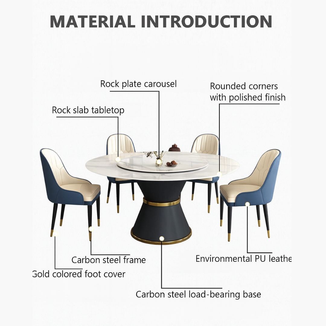 Dining table set with labeled materials on a white background