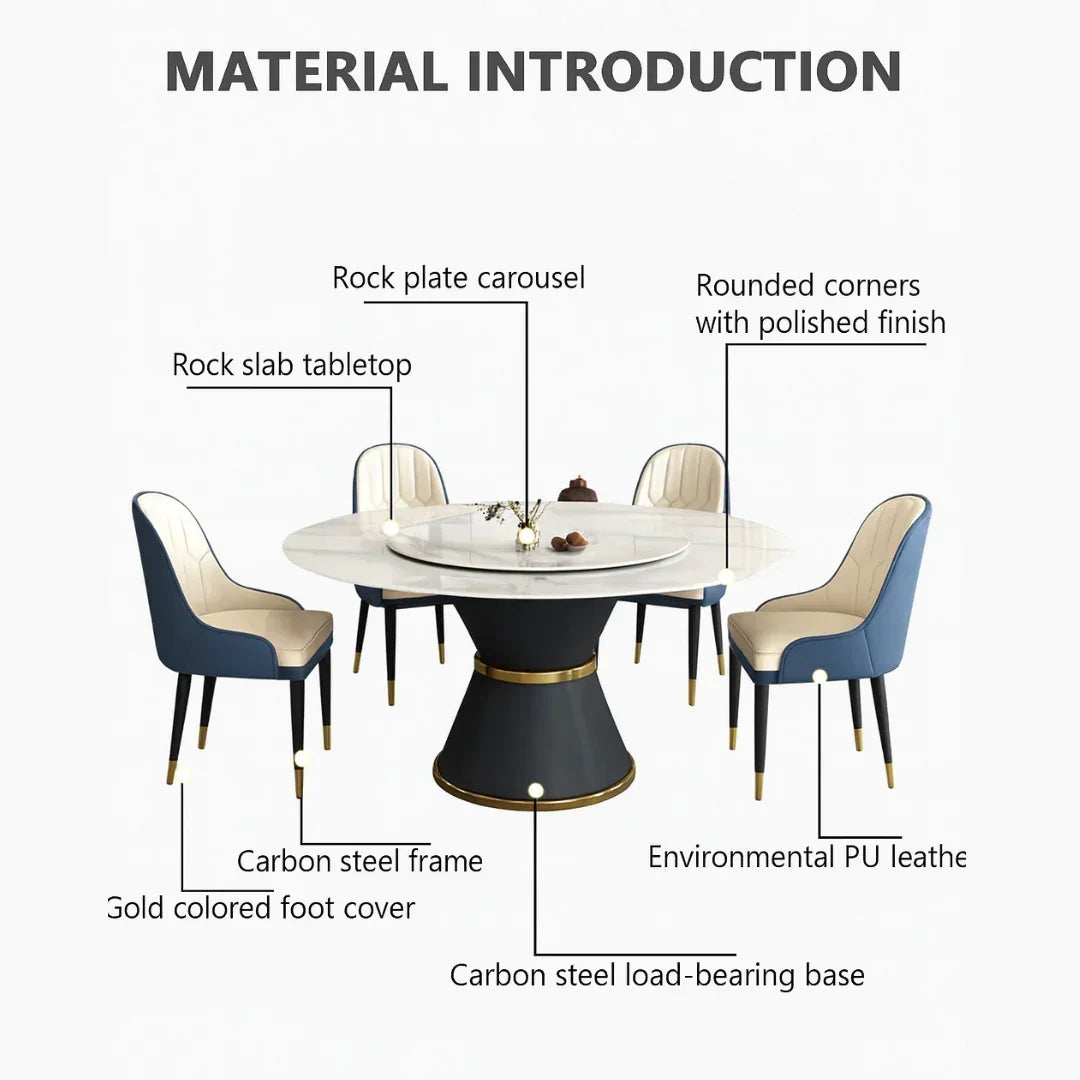 Dining table set with labeled materials on a white background