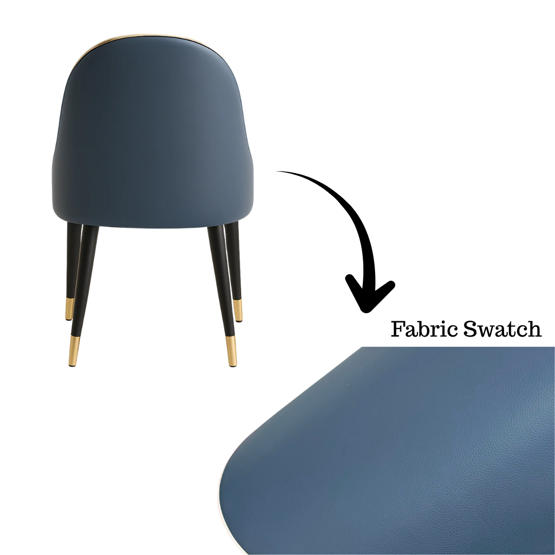 Blue chair with gold accents and a fabric swatch on a white background