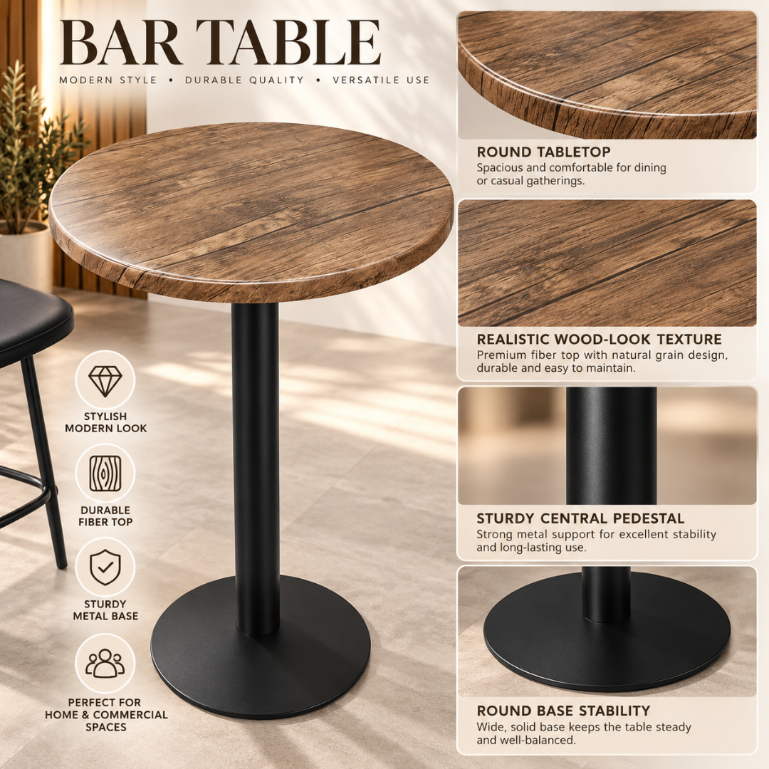 Wooden Twist Vintora Round Bar Table – features: round tabletop, wood-look fiber texture, central pedestal, round base