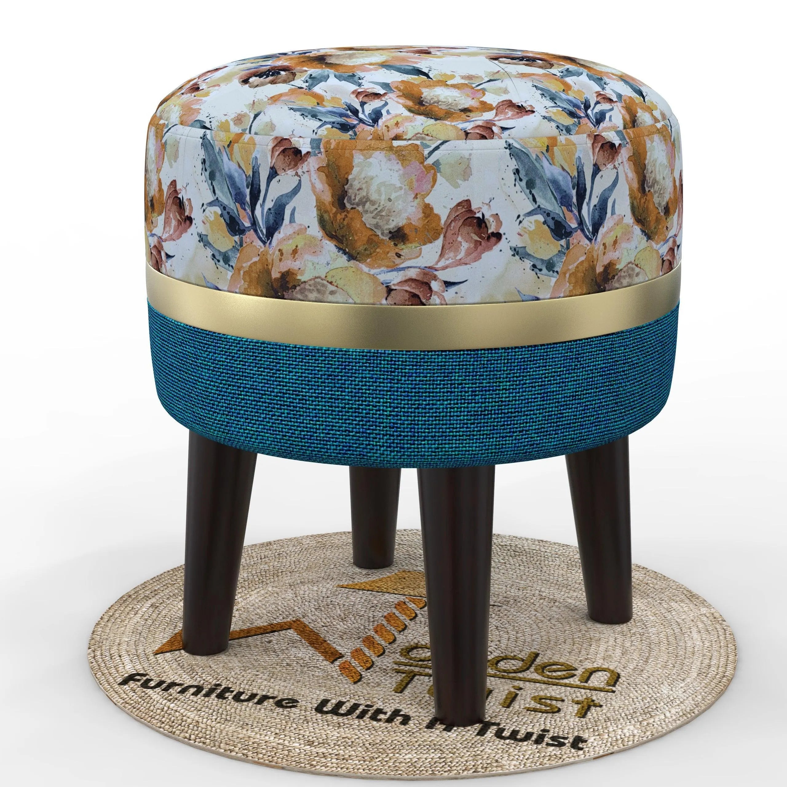 Wooden Twist Flank Puffy Ottoman Stool For Living Room ( Beige & Blue ) - Wooden Twist UAE