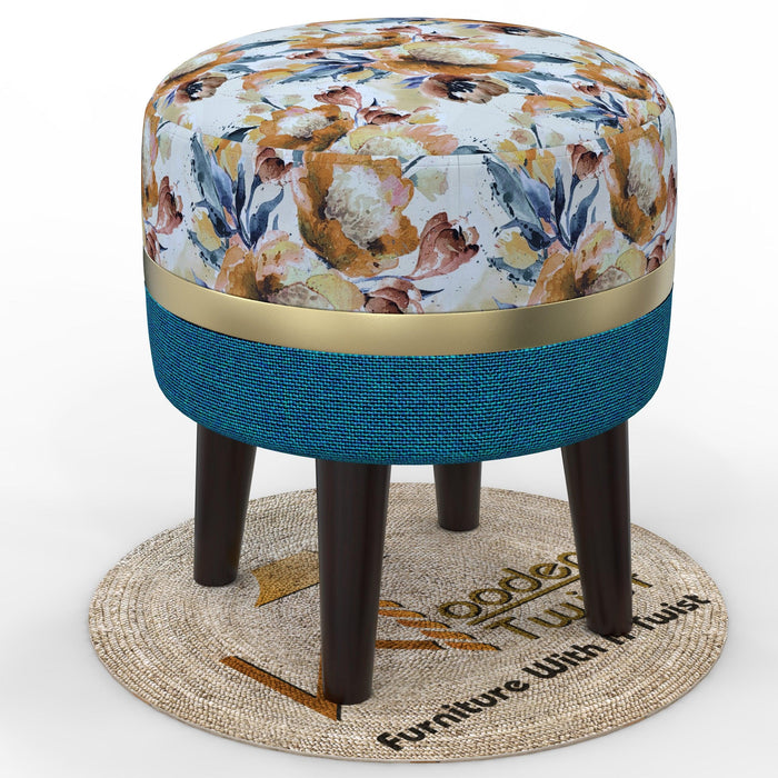 Wooden Twist Flank Puffy Ottoman Stool For Living Room ( Beige & Blue ) - Wooden Twist UAE