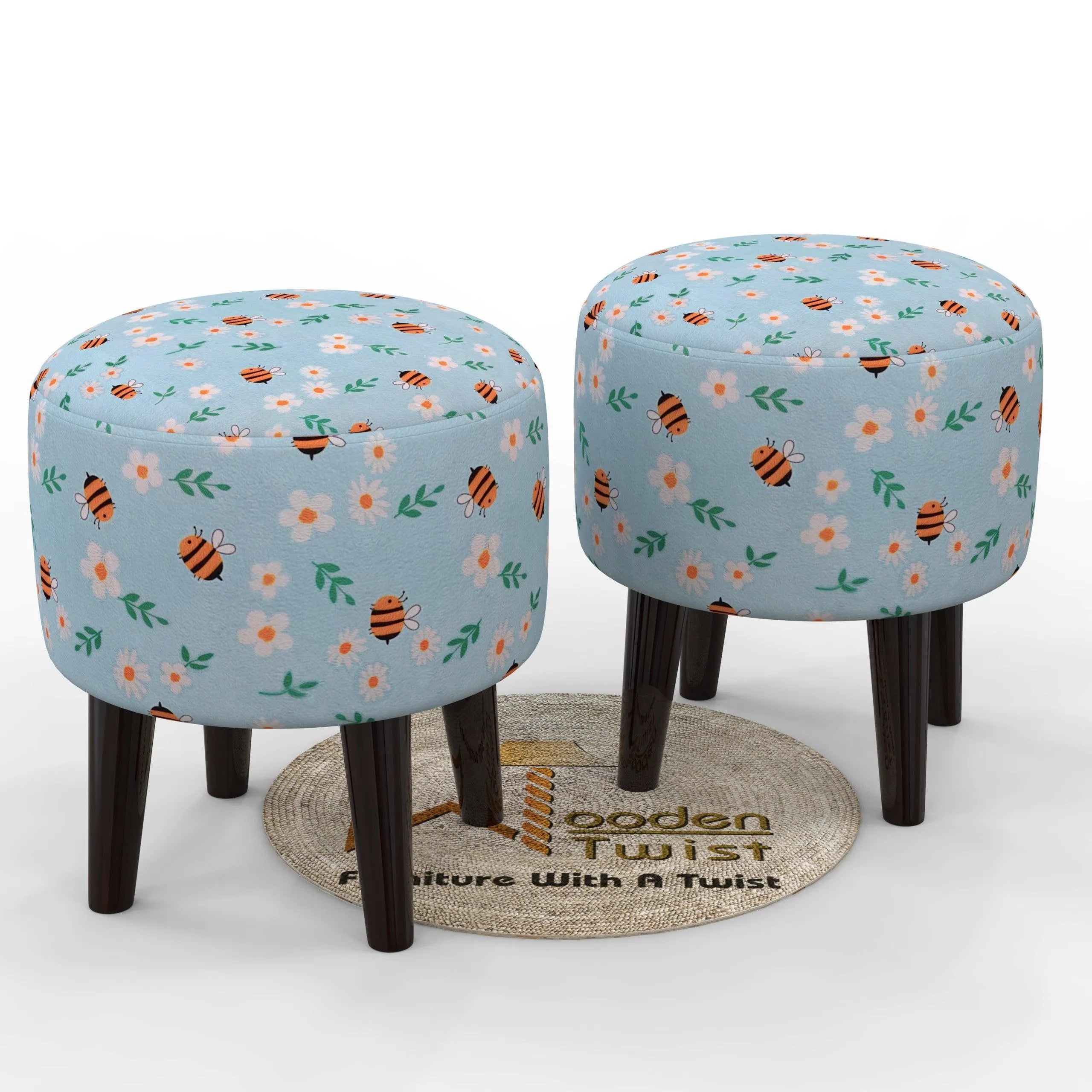 Wooden Twist Harlequin Puffy Ottoman Stool For Living Room ( Set of 2 ) - Wooden Twist UAE