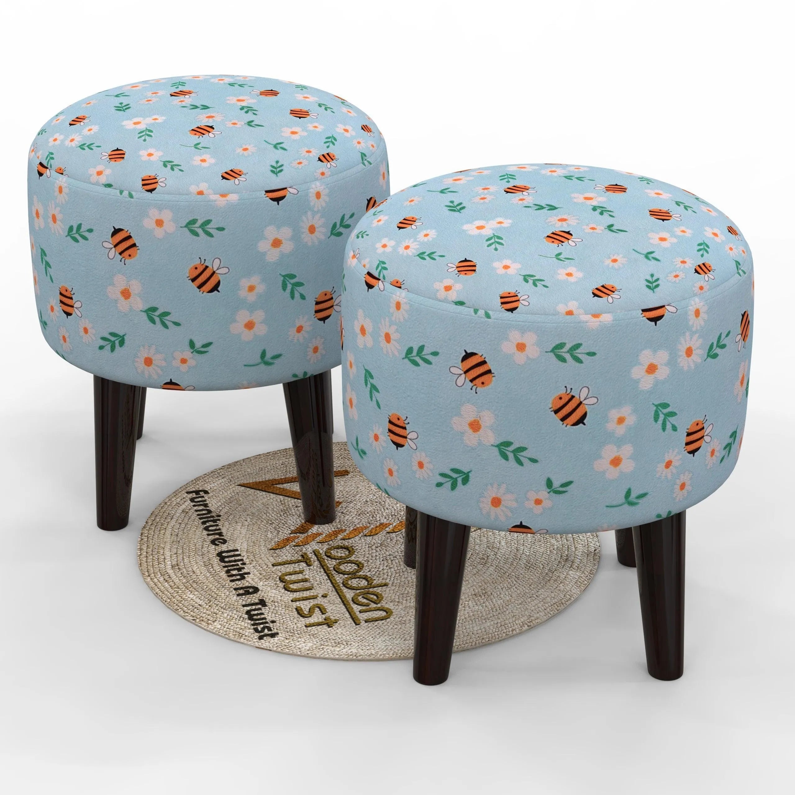 Wooden Twist Harlequin Puffy Ottoman Stool For Living Room ( Set of 2 ) - Wooden Twist UAE