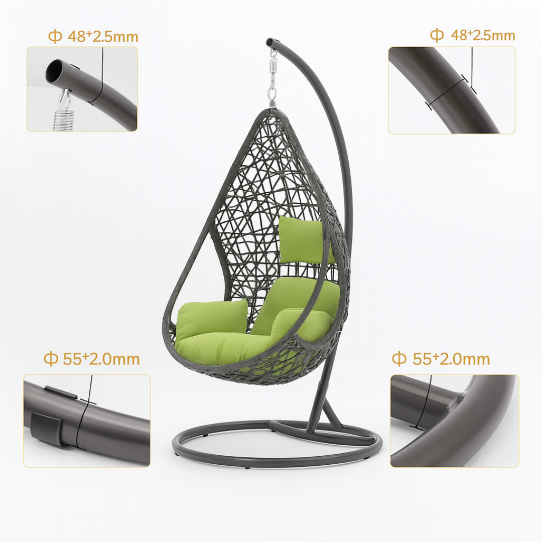 Hanging chair with green cushions and detailed measurements on a white background