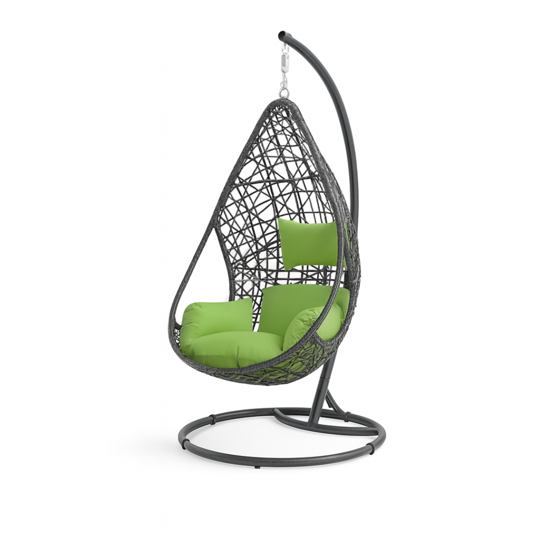 Hanging egg chair with green cushions on a white background