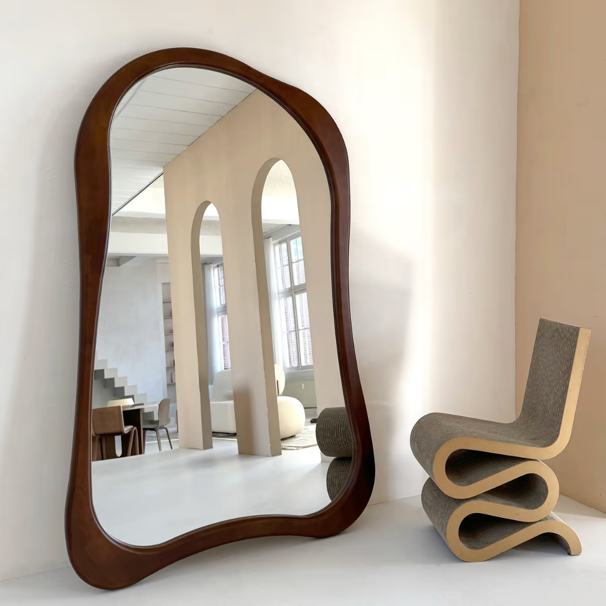 Wavy Solid Wood Floor Mirror in Walnut Finish 190 x 120 cm - lifestyle view beside modern chair