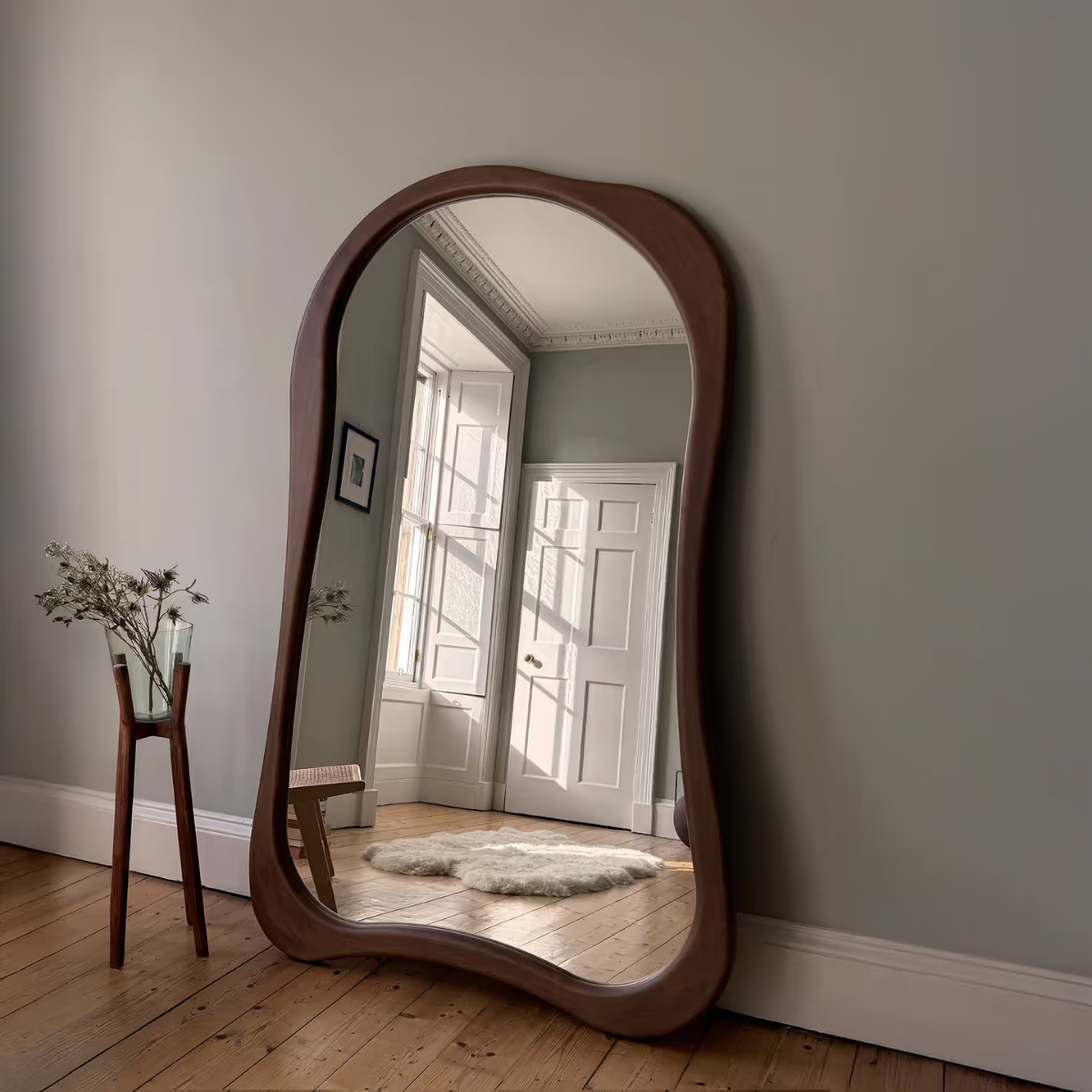 Wavy Solid Wood Floor Mirror Walnut Finish - full product view on white background