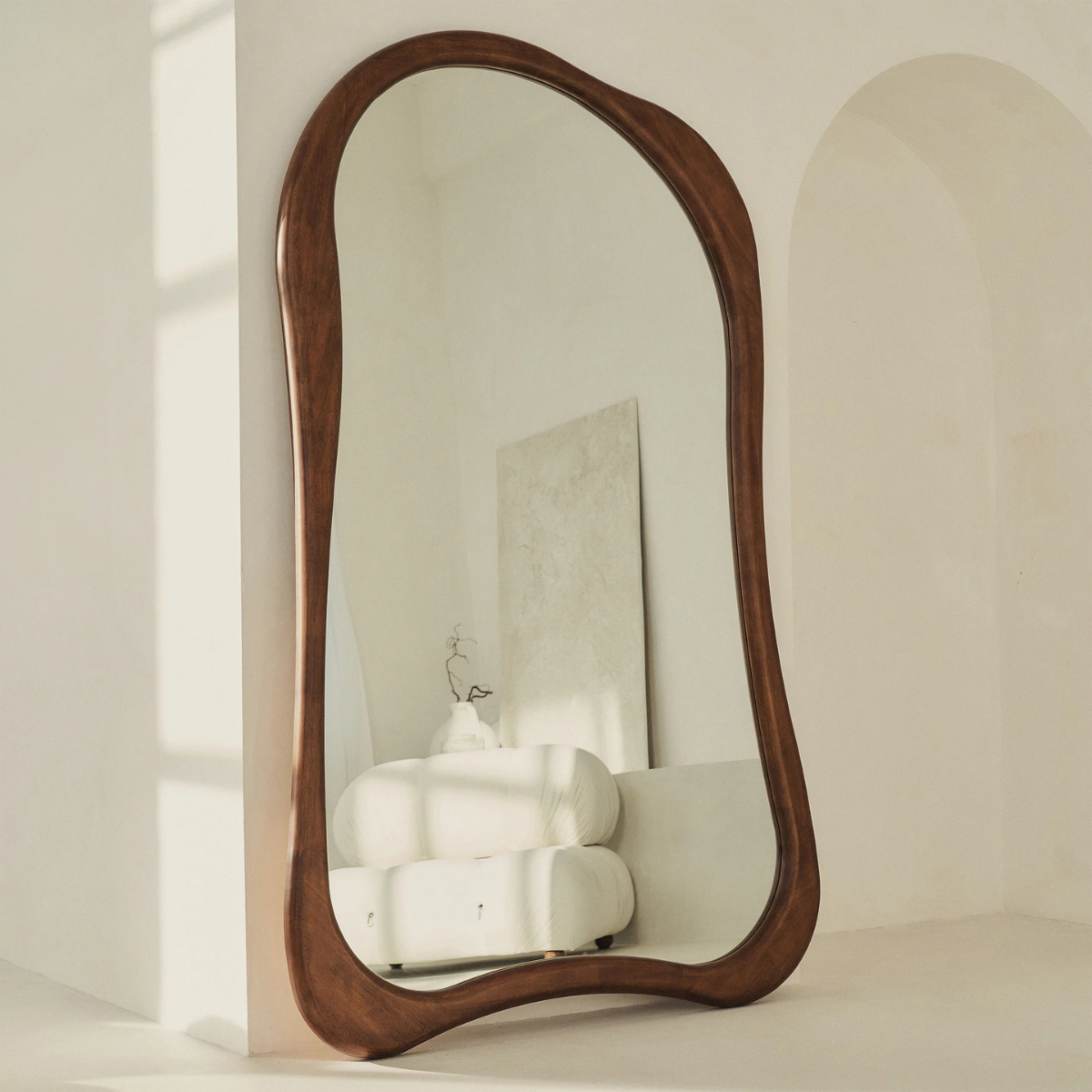 Wavy Solid Wood Floor Mirror Walnut Finish - angled product view