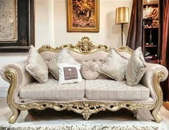 Handmade Royal Antique Golden Finish Carved Sofa (3 Seater) - Wooden Twist UAE