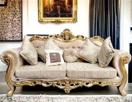 Handmade Royal Antique Golden Finish Carved Sofa (3 Seater) - Wooden Twist UAE