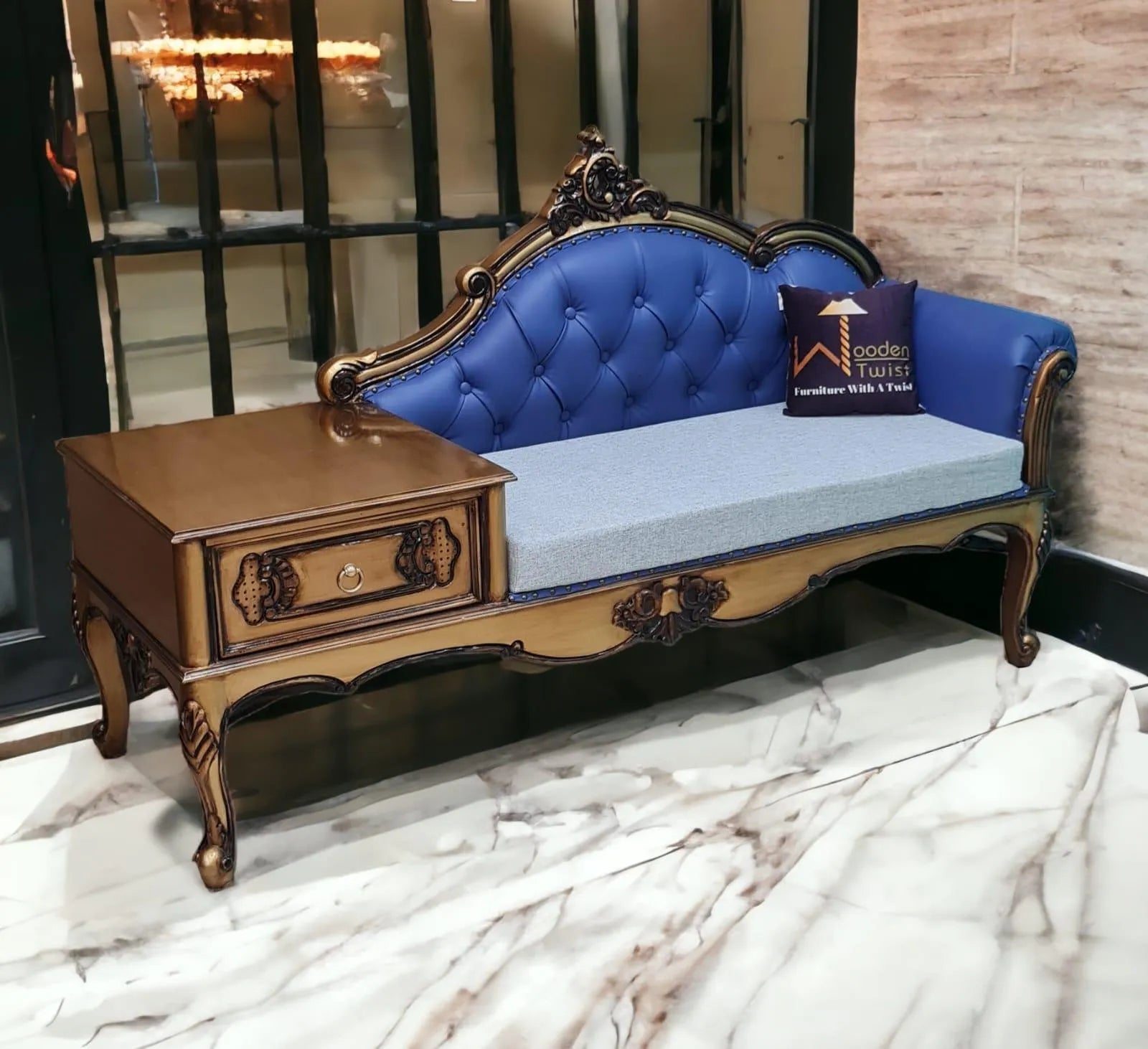 Luxury Antique Hand Carved Chaise Lounge Coffee And Phone Table With Storage - Wooden Twist UAE