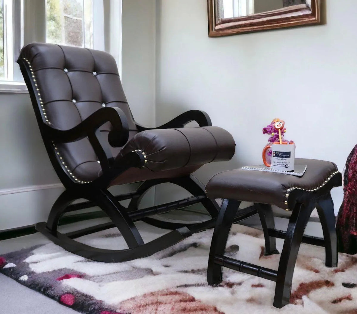 Royal Rocking Chair with Foot Rest ( Walnut ) - Wooden Twist UAE