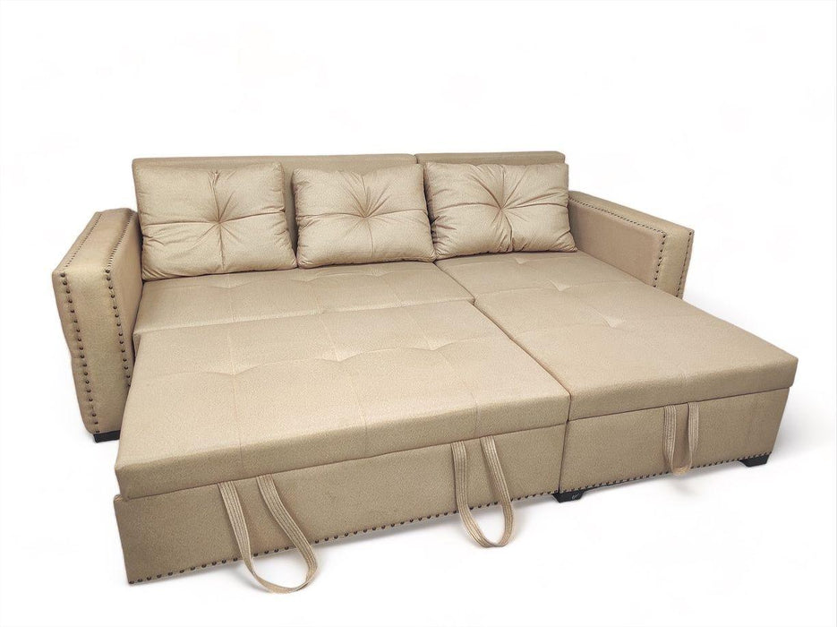 Wooden Twist Canape L-Shape Solid Wood Sofa Bed with 3 Cushions ( Beige )