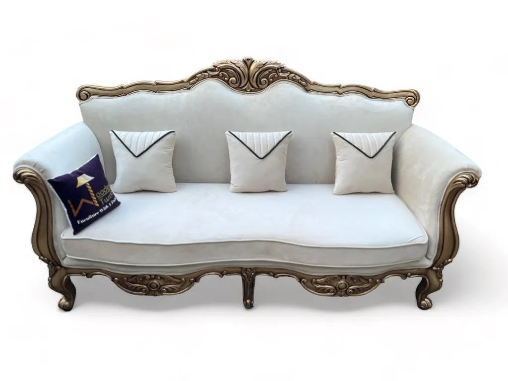 Handmade Royal Antique Gold Finish Carved Vintage Sofa 3 Seater