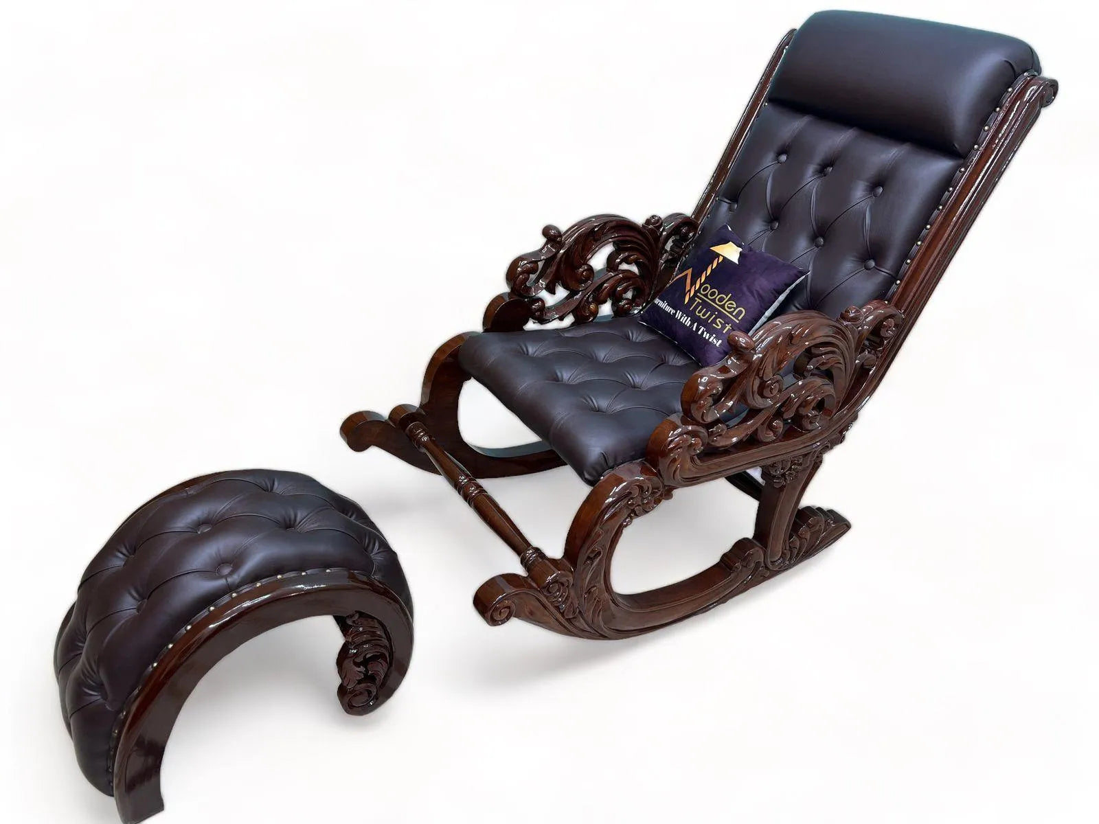 Graceful Hand Carved Rocking Chair with Foot Rest (Teak Wood) - Wooden Twist UAE