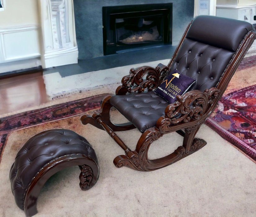 Graceful Hand Carved Rocking Chair with Foot Rest (Teak Wood)