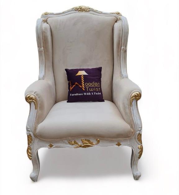 Hand Craved Wooden Wing Back Arm Chair