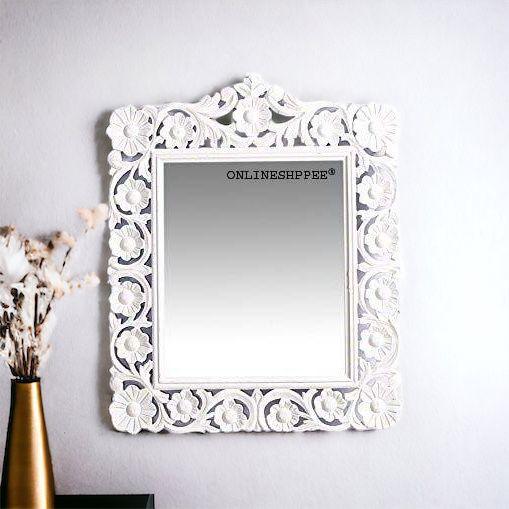 Wooden Carved Mirror - White