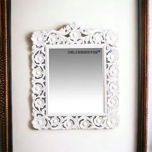 Wooden Carved Mirror - White - Wooden Twist UAE