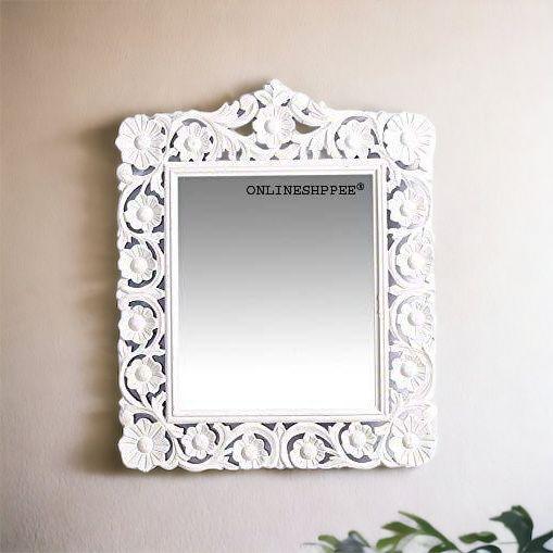 Wooden Carved Mirror - White