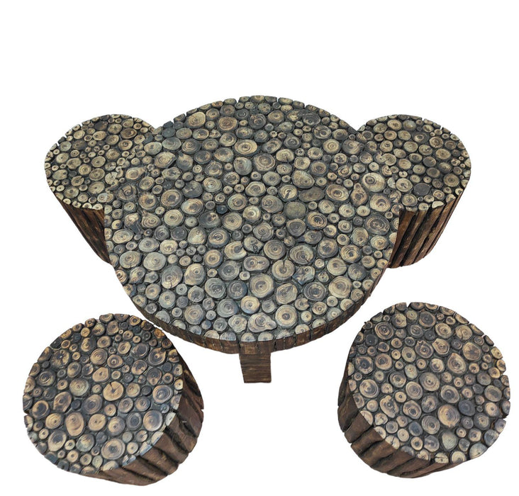 Wooden Antique Round Shaped Coffee Table With 4 Stool - Wooden Twist UAE