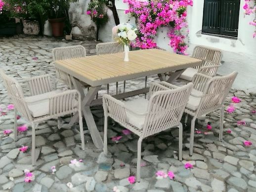 Wooden Twist Module All-Weather Resistant Aluminum Frame WPC 6-Seater Dining Set with Cushions