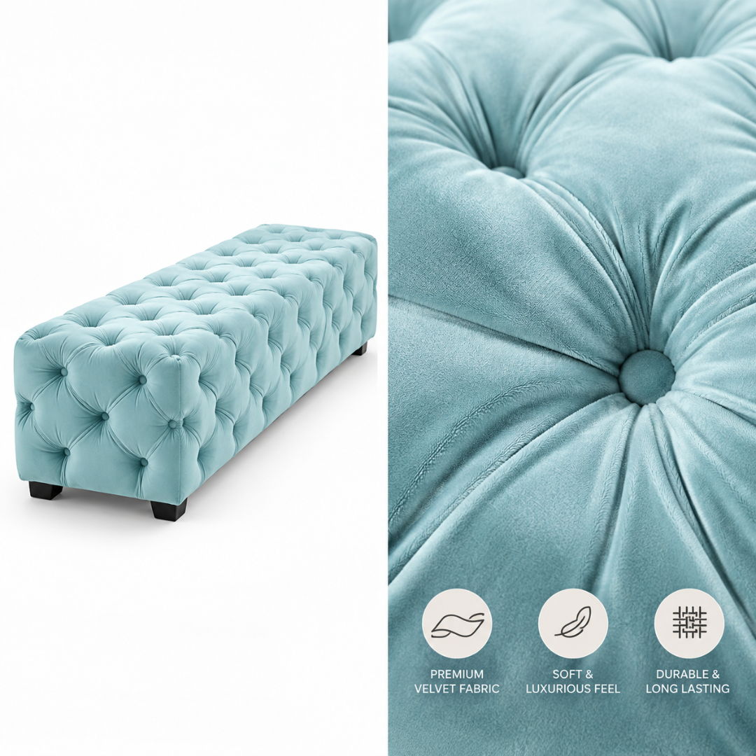 Wooden Twist sky blue tufted bench – angled view with button tufting close-up