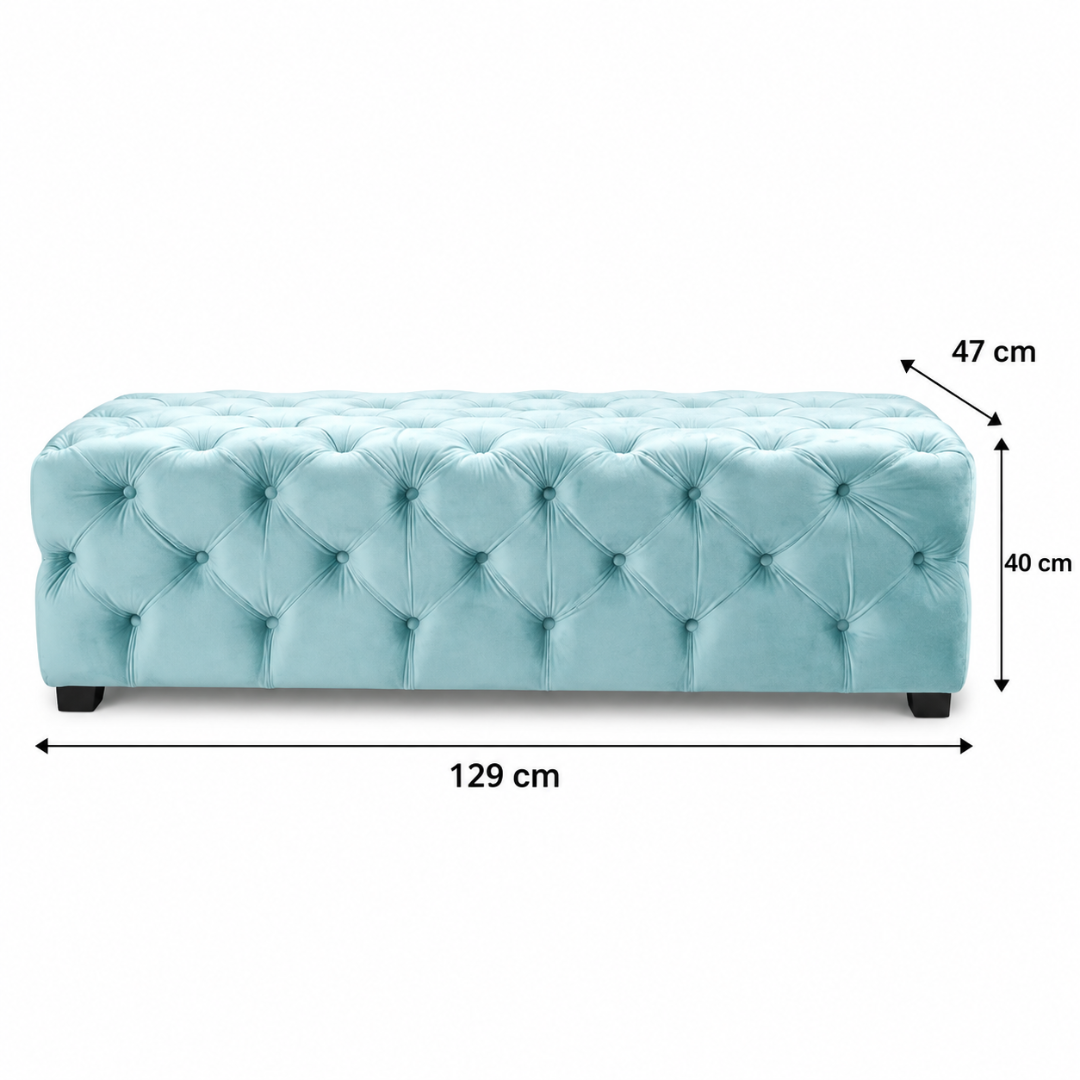 Wooden Twist sky blue tufted velvet bench – dimensions 129 x 47 x 40 cm