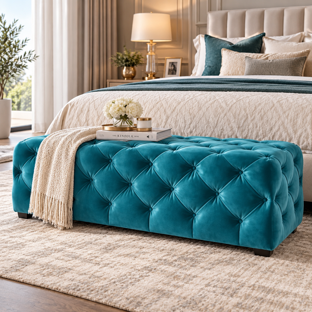 Wooden Twist wide tufted velvet bench in blue – lifestyle view at the foot of a bed
