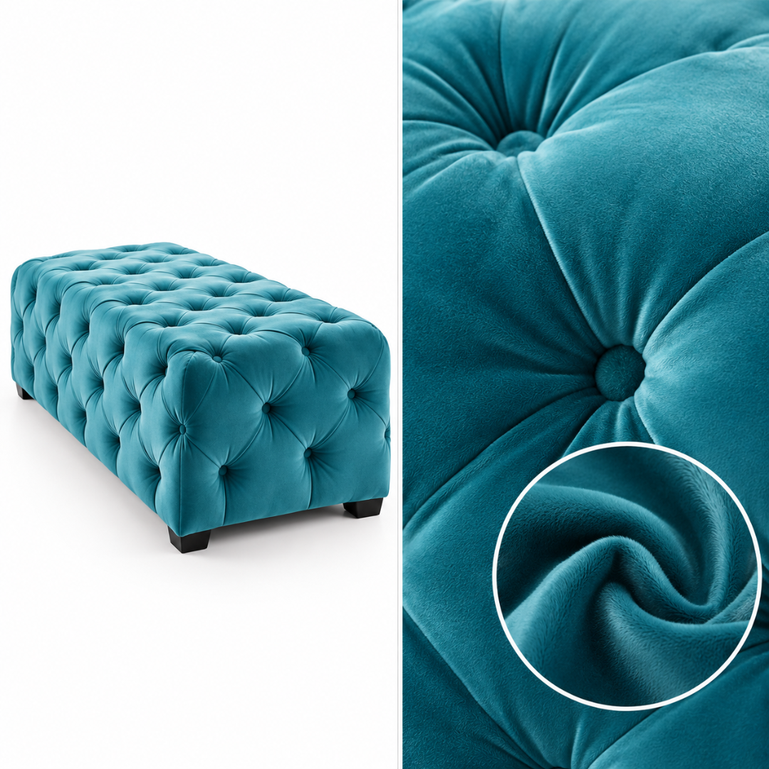Wooden Twist blue tufted bench – angled view with velvet and button tufting close-up