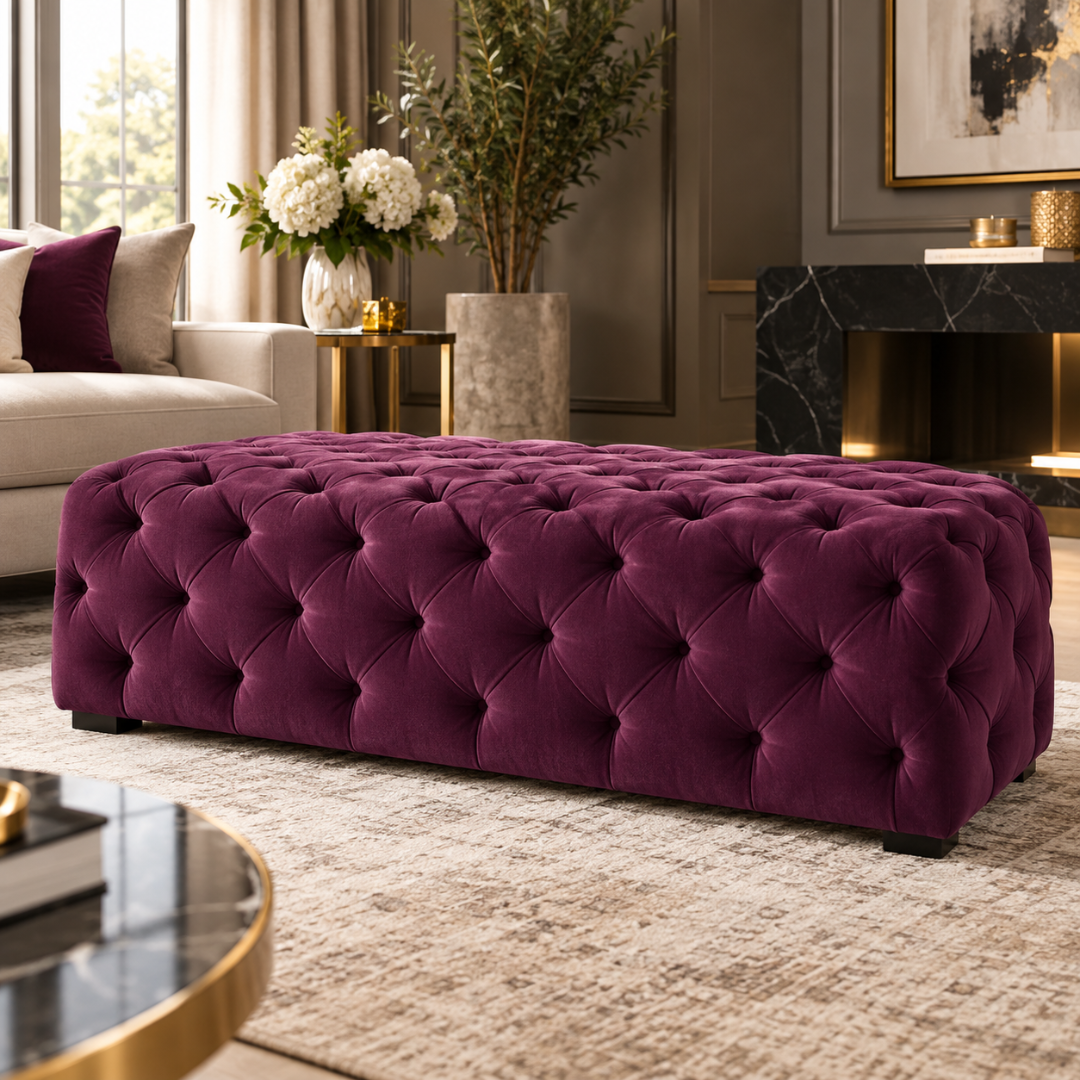 Wooden Twist wide tufted velvet bench in wine – lifestyle view in living room