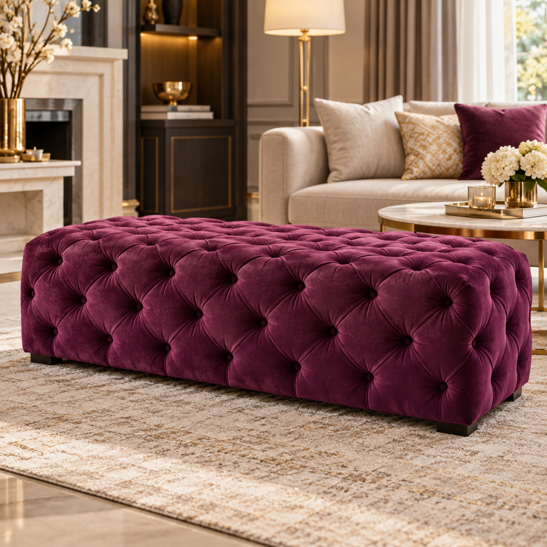 Wooden Twist wine button tufted velvet bench – angled lifestyle view in living room